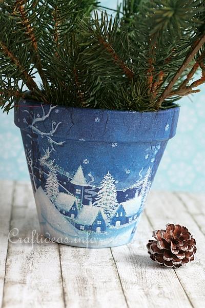 Decoupage Flower Pot with Winter Village Scene