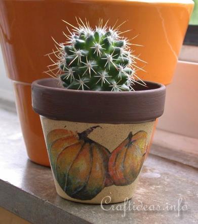 Basic Craft for Fall - Painted Clay Pot with Decoupaged Pumpkins Motif