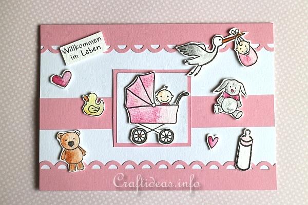 Card for the birth of a baby - Baby Carriage Card in Pink Color
