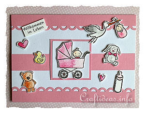 Card for the birth of a baby - Baby Carriage Card in Pink Color