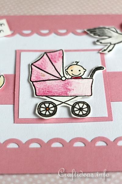 Card for the birth of a baby - Baby Carriage Card in Pink Color 4