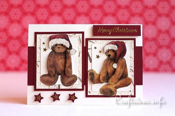 Christmas Card - 3-D Teddy Bears in Santa Caps