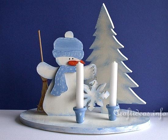Christmas Wood Craft - Wooden Snowman Centerpiece with Candle Holders