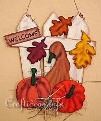 Fall Wood Welcome Sign with Pumpkins and Leaves