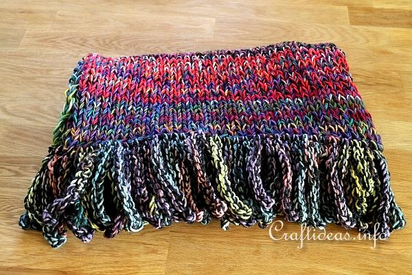 Crochet Fringe on Colorful Kntited Scarf
