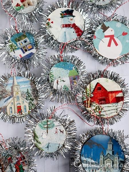 Upcycled Christmas Card and Tinsel Ornaments