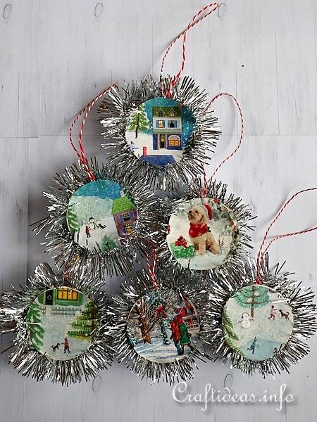 Upcycled Christmas Card and Tinsel Ornaments - Small