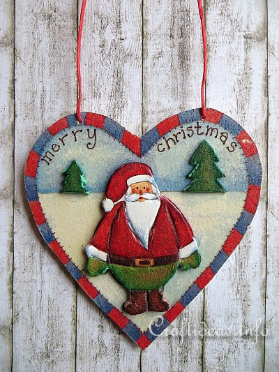 Wooden Heart with Santa Motif - Paper Napkin Applique