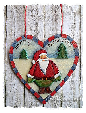 Wooden Heart with Santa Motif - Paper Napkin Applique 
